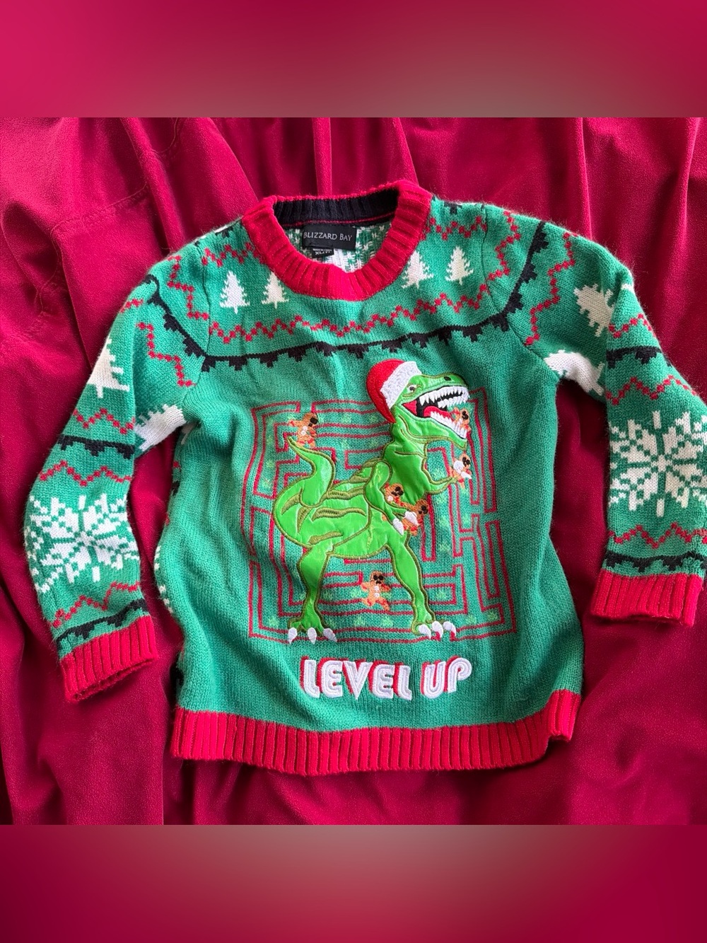 Kids Green 'Level Up' Dinosaur Holiday Sweater